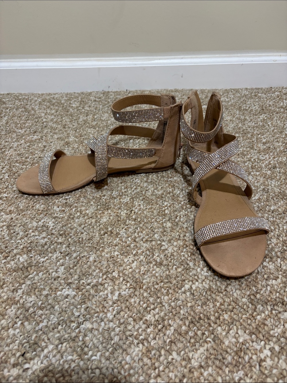 Rhinestone Strappy Flat Sandals - Nude